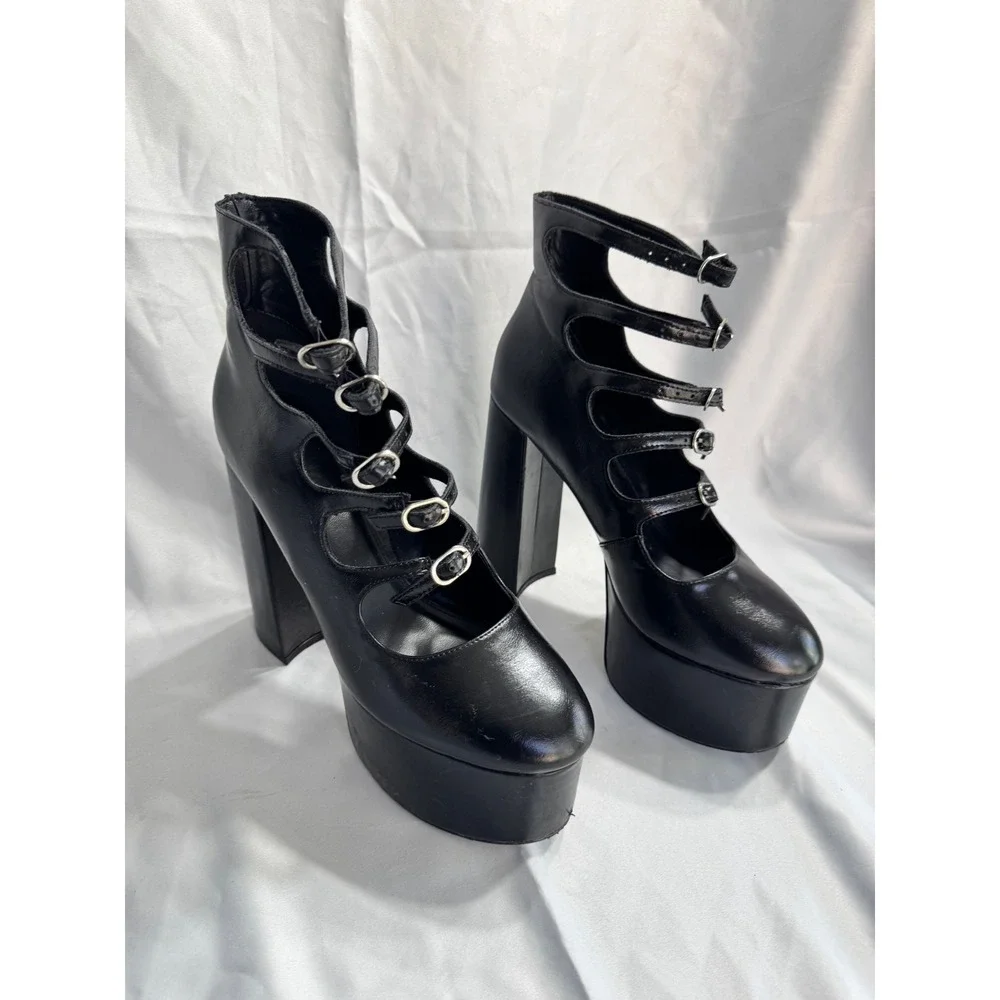 Gothic Black Multi Strap Platform Pumps Silver Buckle Chunky Block Heel Size 9
